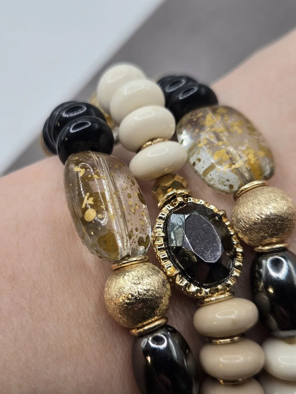Mixed Metals Chunky Rondelle Beads Bracelet Stack Talbots Gold Fleck Boho Beachy